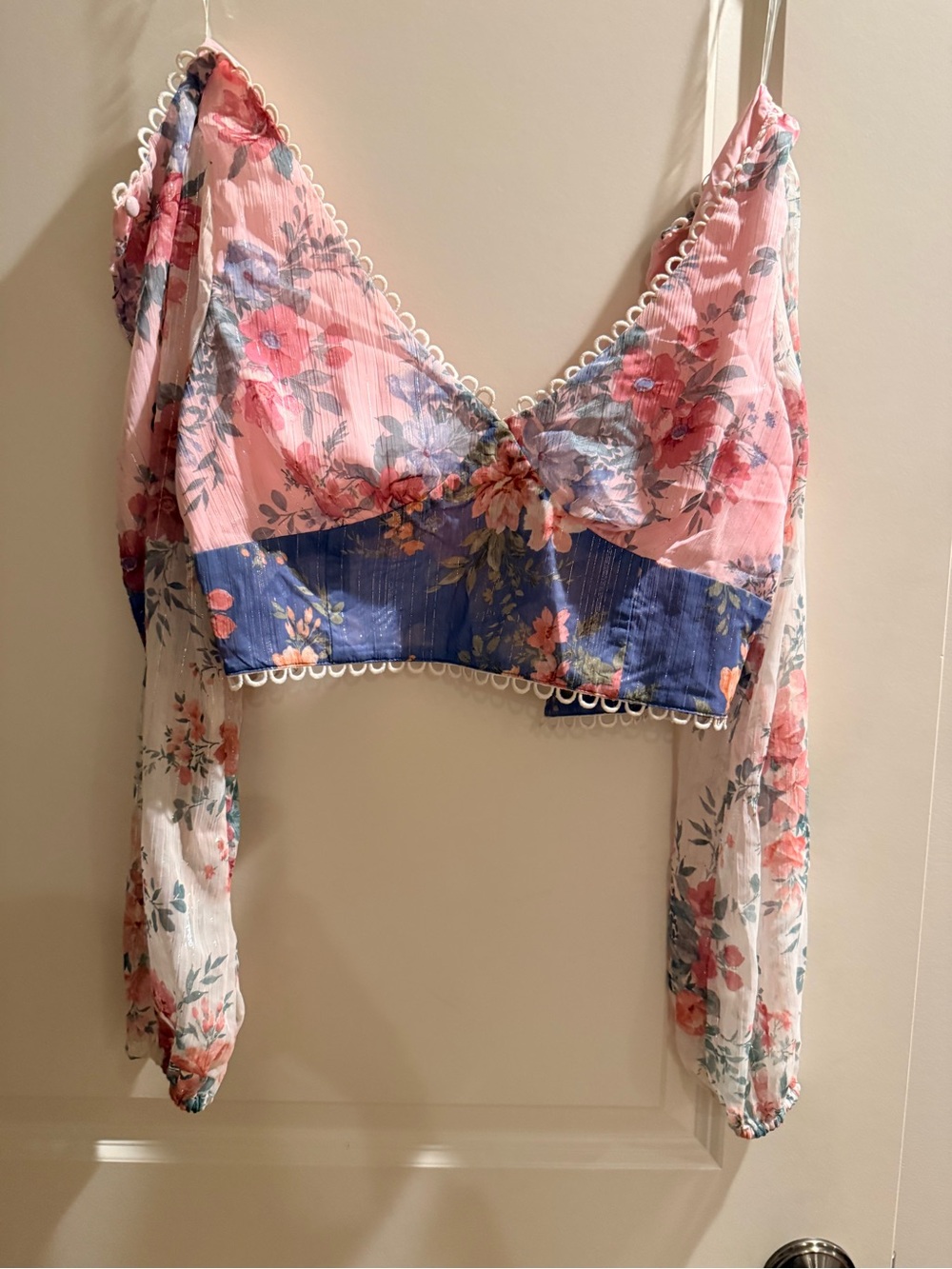 Altar'd State Pink and Blue Floral Lace-Trim Cropped Top